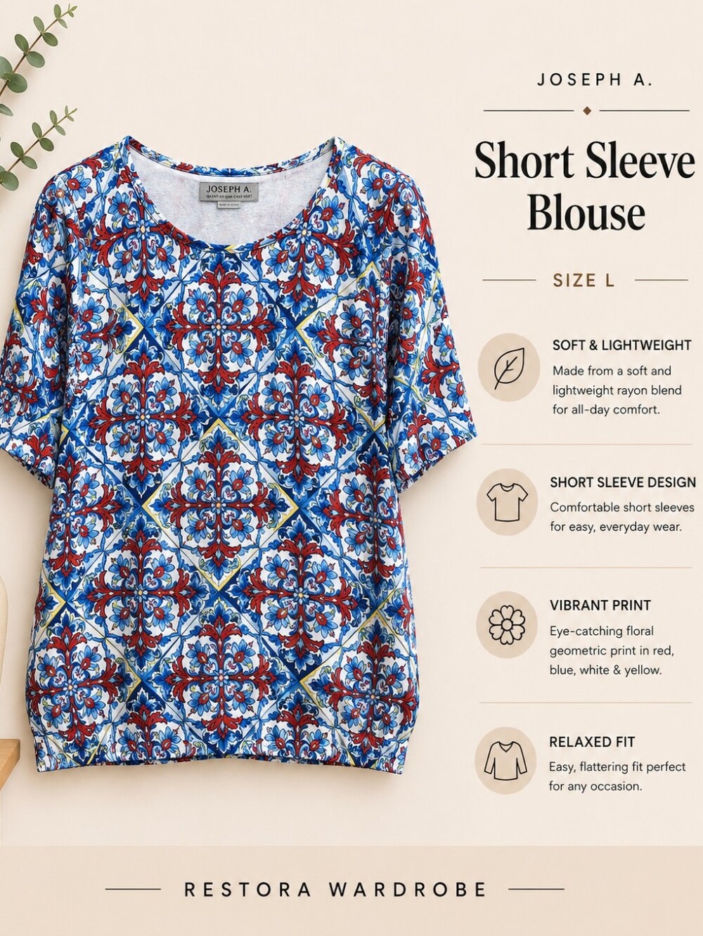 Joseph A Blue Red Floral Medallion Knit Top Size L 3/4 Sleeve